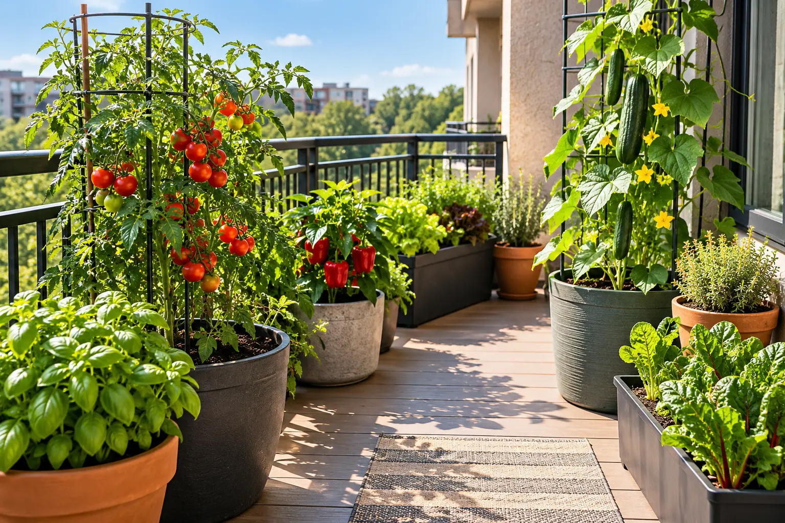 Container vegetable garden layout with tomatoes, peppers, leafy greens, and trellised vegetables arranged on a small apartment balcony.