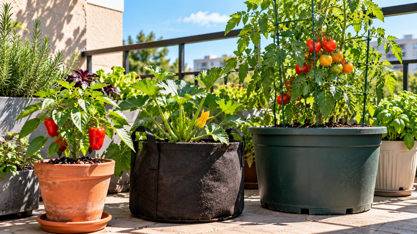 Small and large vegetable containers exposed to sun and wind showing different drying conditions