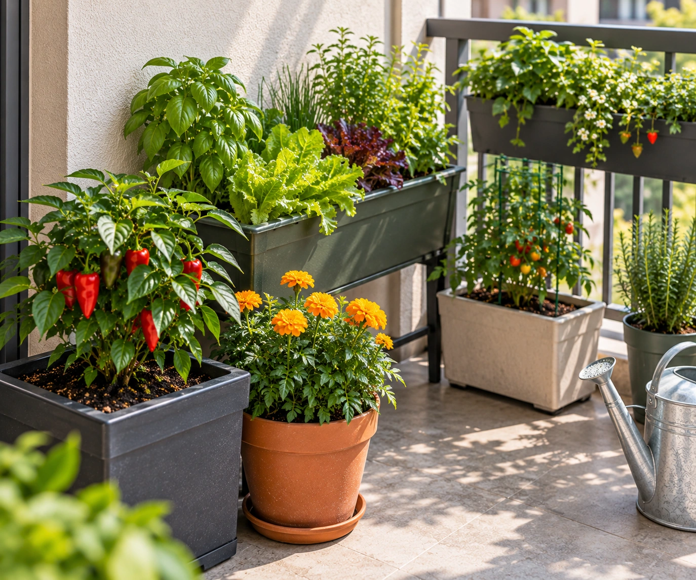 Different container shapes and compact plants fitted into a small growing space