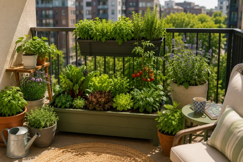 Edible apartment balcony garden with herbs, salad greens, tomatoes, and container vegetables