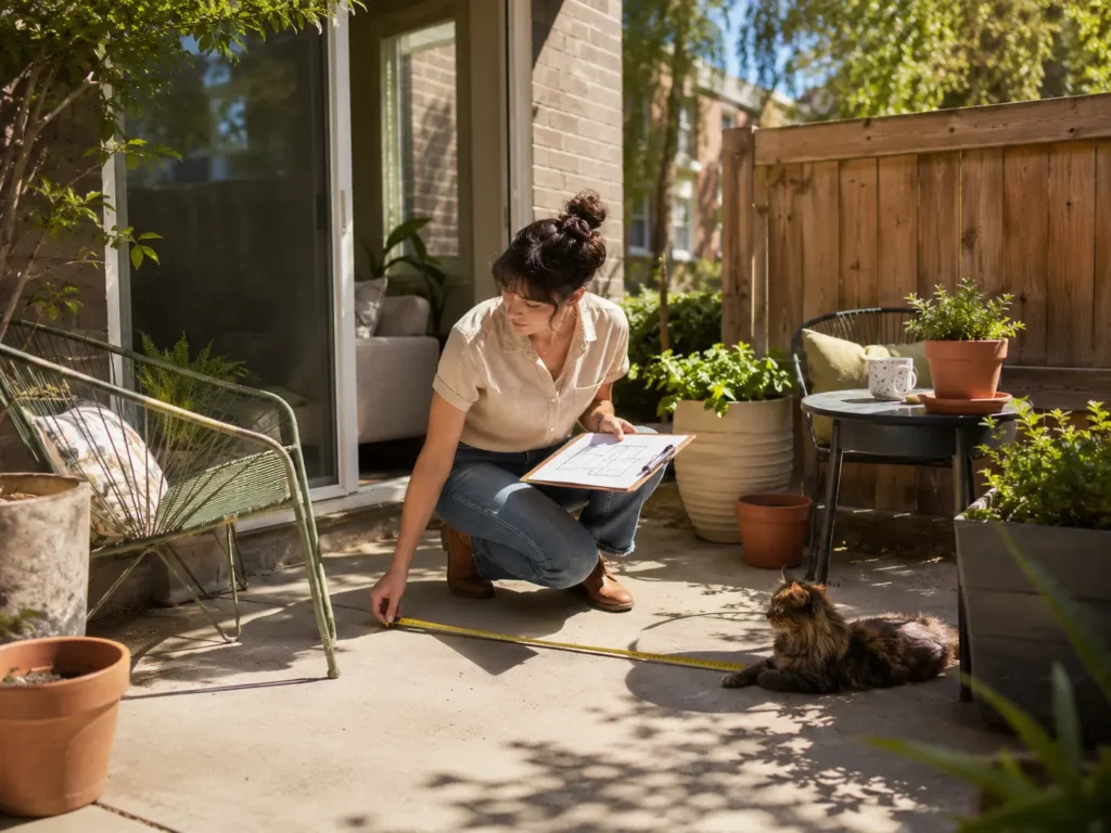 Woman evaluating an apartment patio before planting with a tape measure, containers, and a small cat nearby