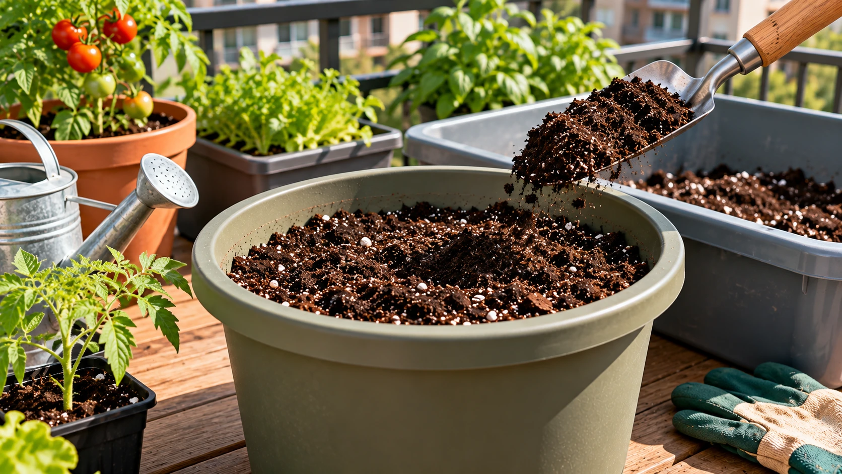 Vegetable container loosely filled with potting mix for planting vegetables