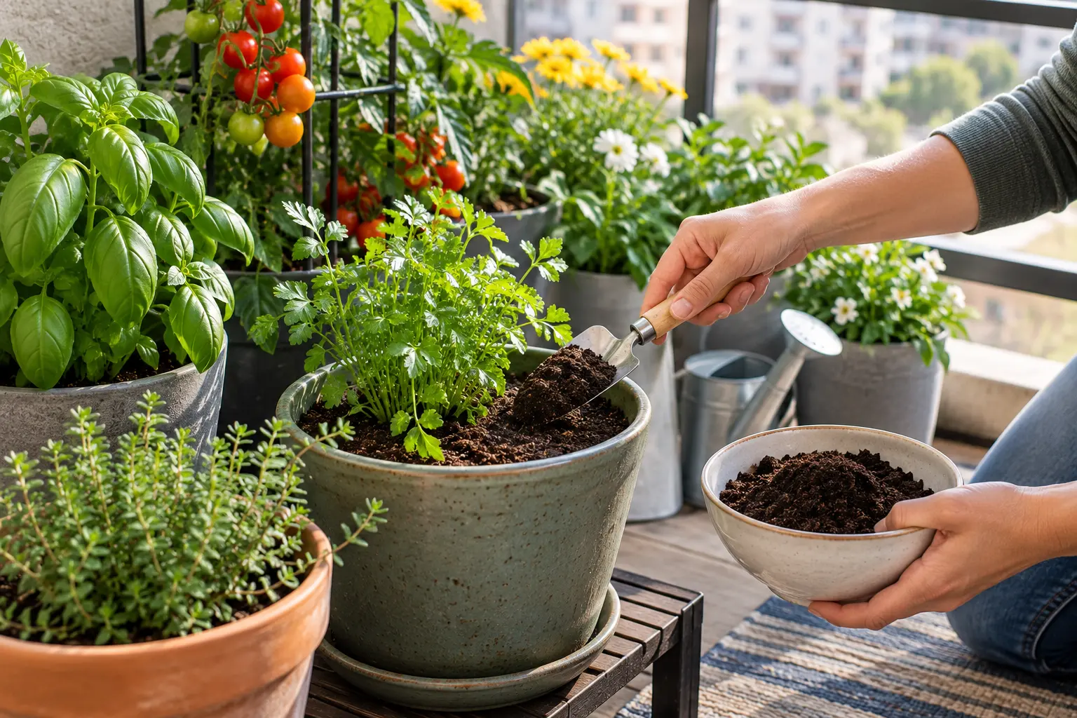 Finished compost and worm castings being added to apartment container plants