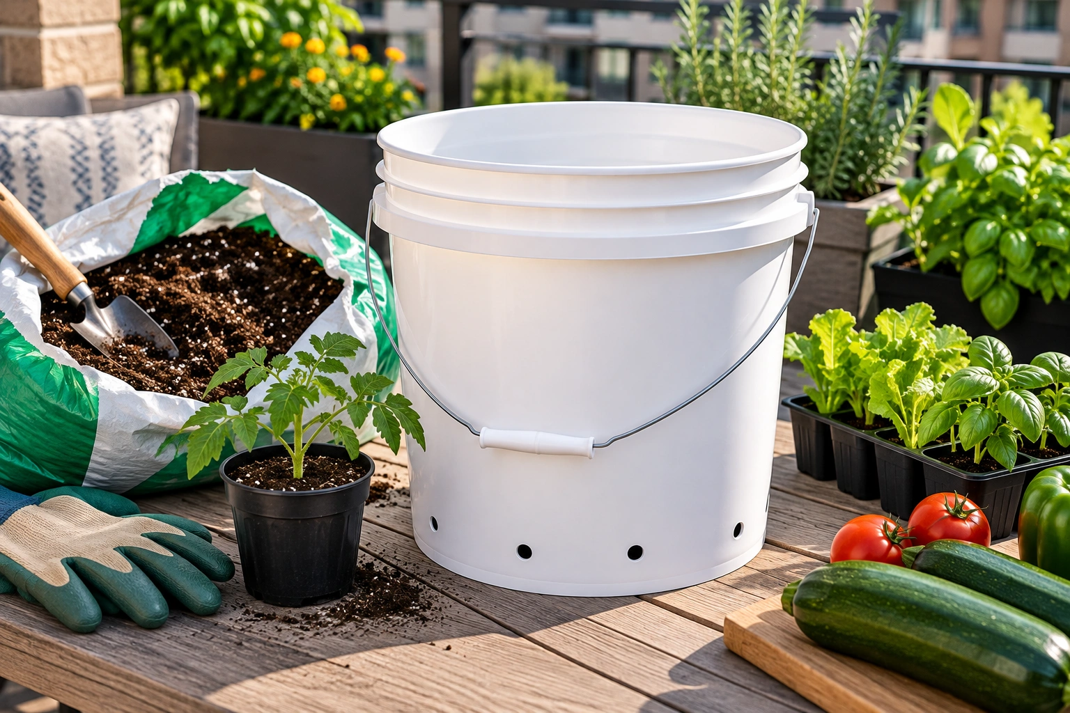 Clean food-grade 5-gallon bucket prepared for growing vegetables