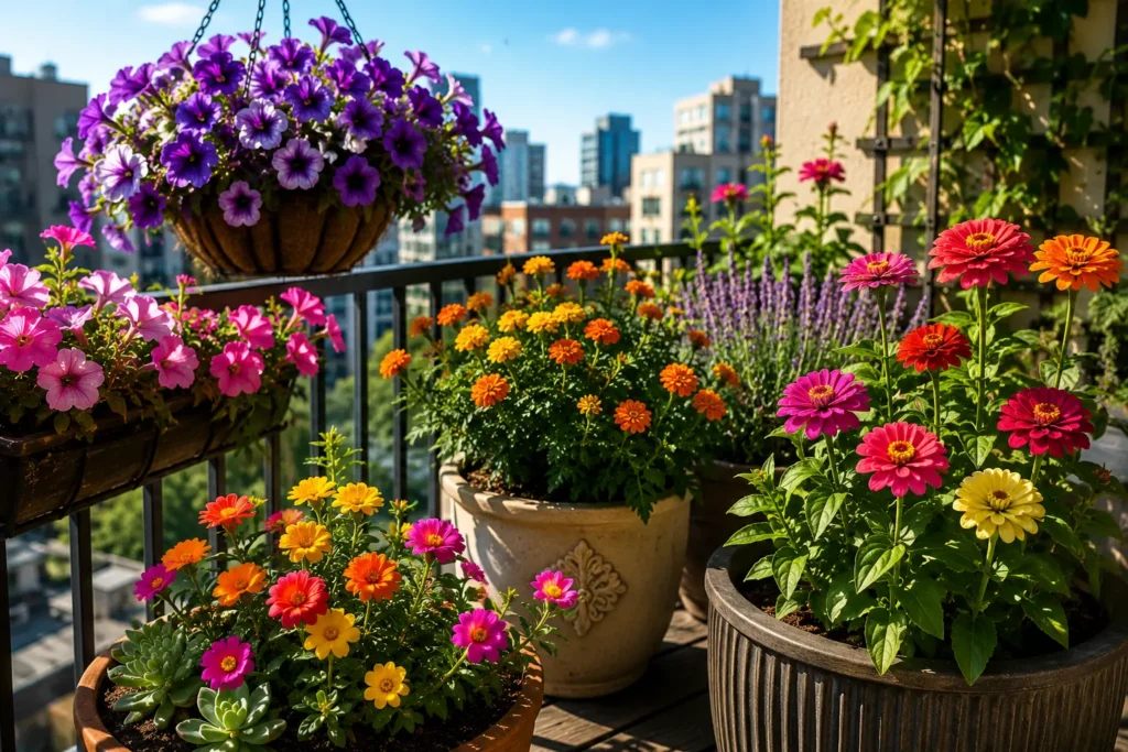Full-sun balcony plants including petunias, zinnias, marigolds, and moss rose in containers