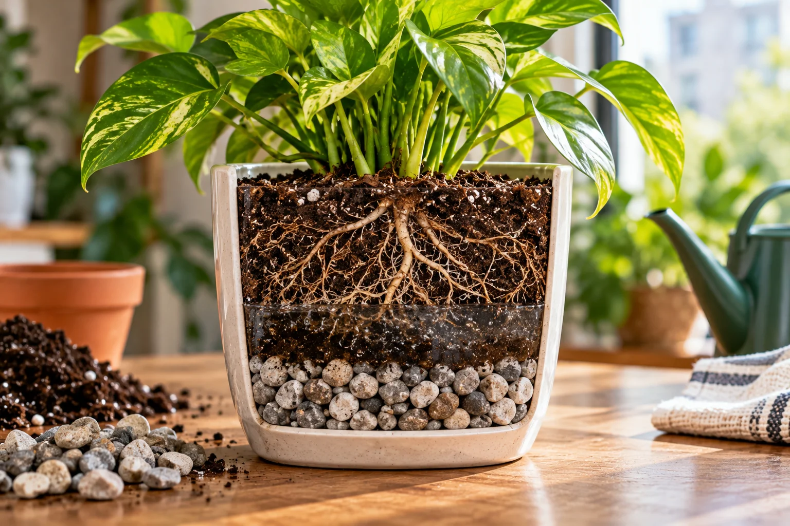 Cutaway view of a plant pot showing gravel beneath potting mix without a drainage hole.