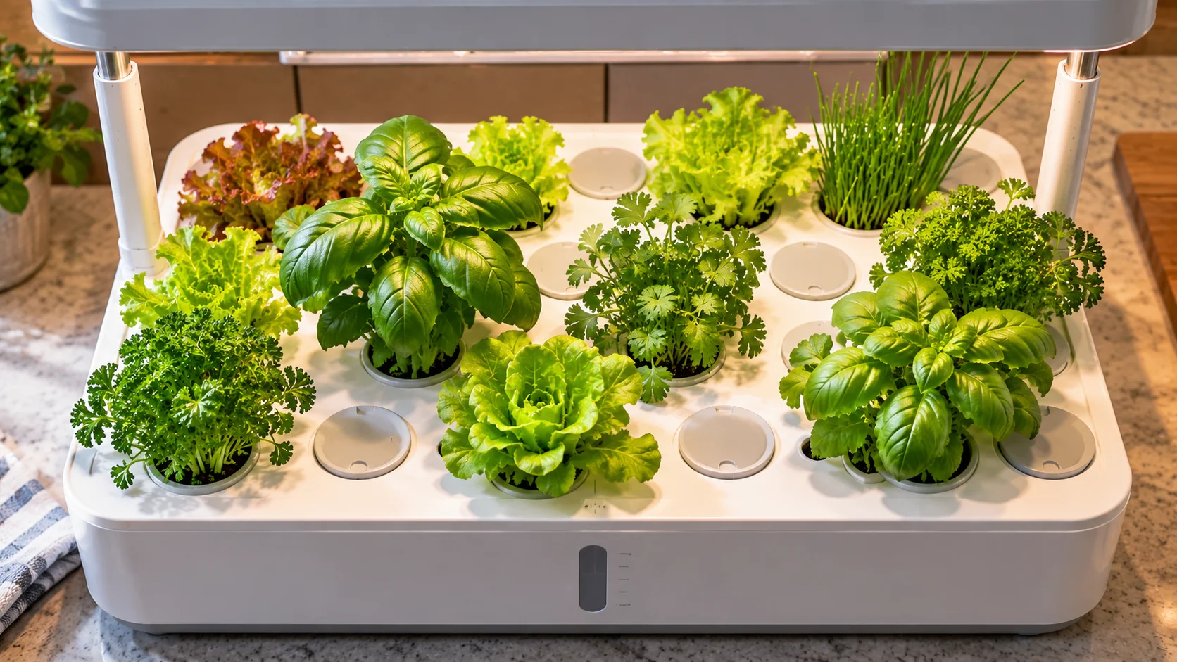 Growell Hydroponics Growing System Kit with herbs and lettuce spaced across the planting deck