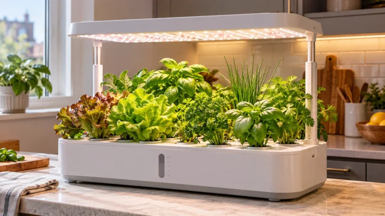 17-pod Growell-style hydroponic garden with herbs and leafy greens in an apartment