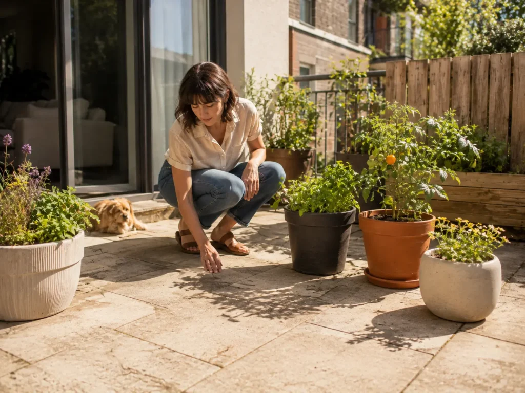 Woman checking patio containers exposed to strong sun and heat on a hard paved surface