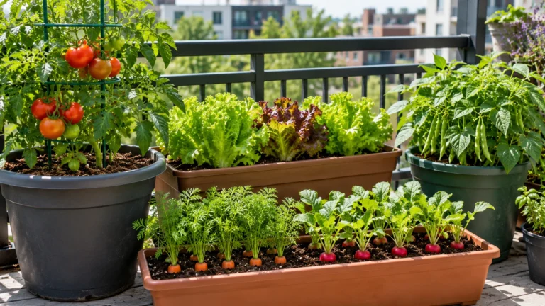 How many vegetable plants per container, showing tomato, lettuce, carrots, radishes, and bush beans in appropriately sized pots