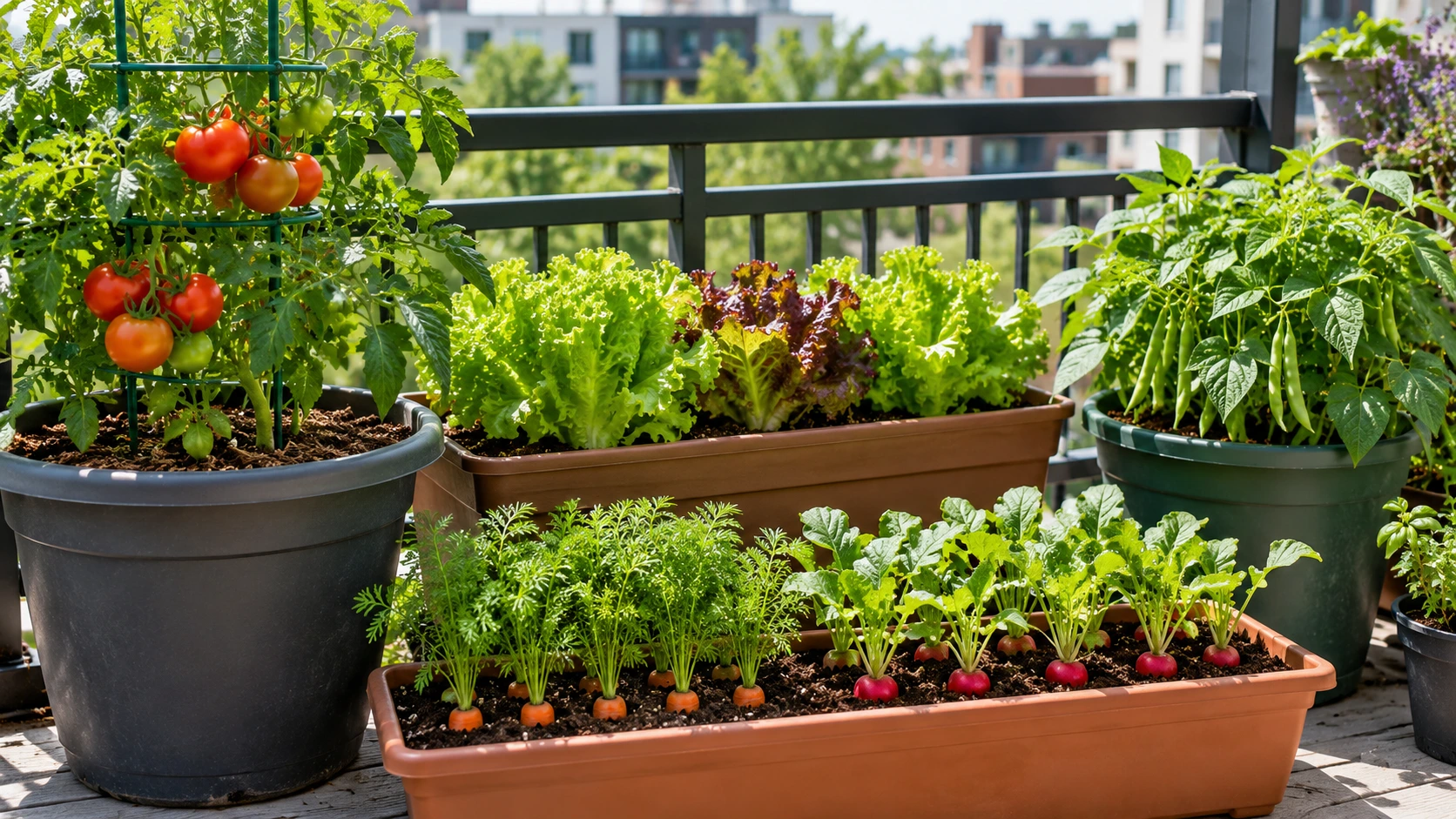 How many vegetable plants per container, showing tomato, lettuce, carrots, radishes, and bush beans in appropriately sized pots