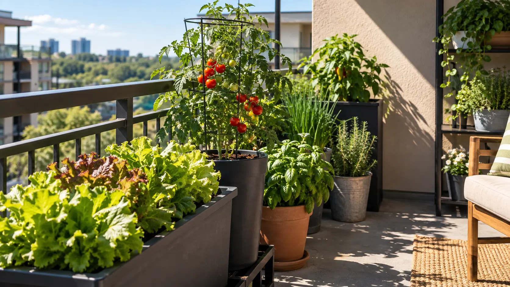 Sunny apartment balcony garden with vegetables and herbs growing in containers