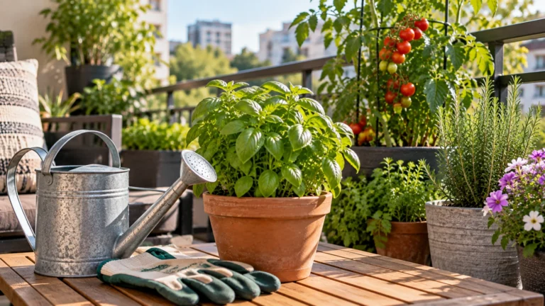 How often should you water balcony plants? A Balcony container garden with a watering can, herbs, tomatoes, and other potted plants showing a typical apartment garden watering setup.