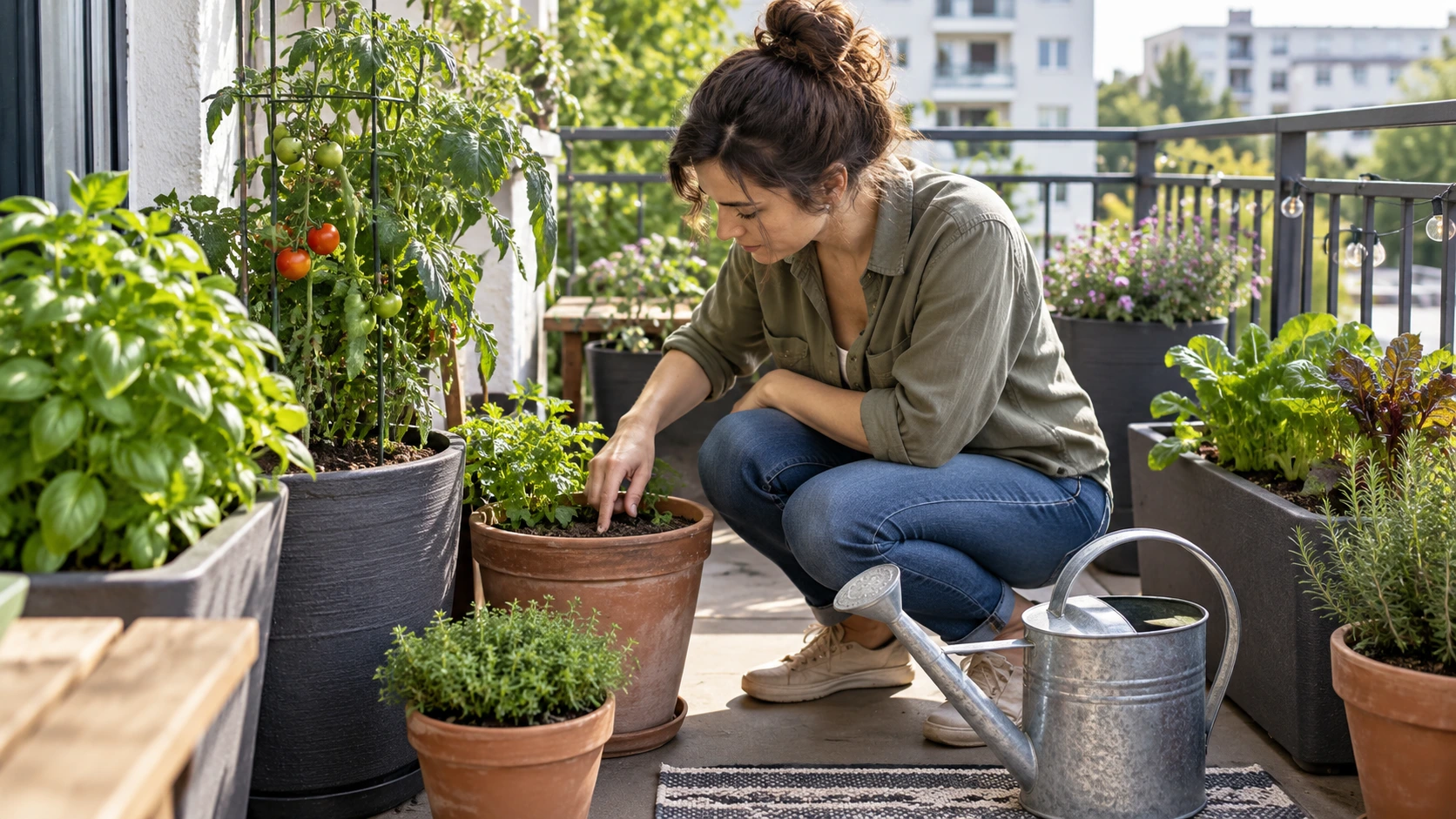 Gardener checking the soil moisture of container plants on an apartment balcony