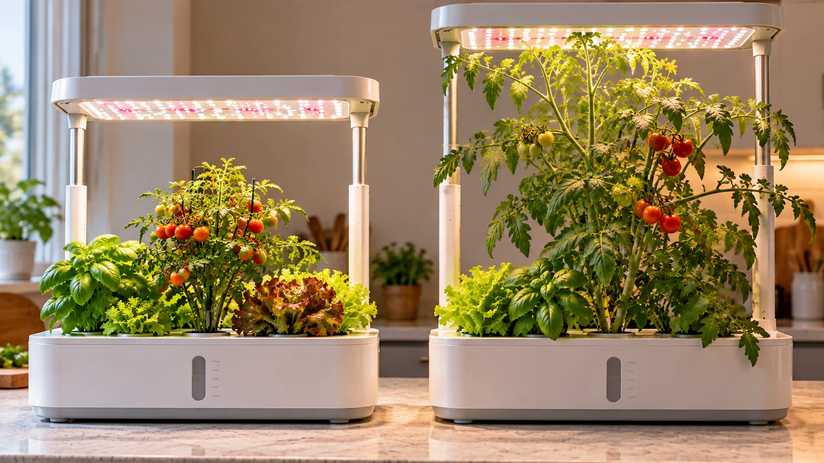 Compact tomato plant beneath an adjustable hydroponic grow light compared with a taller tomato plant