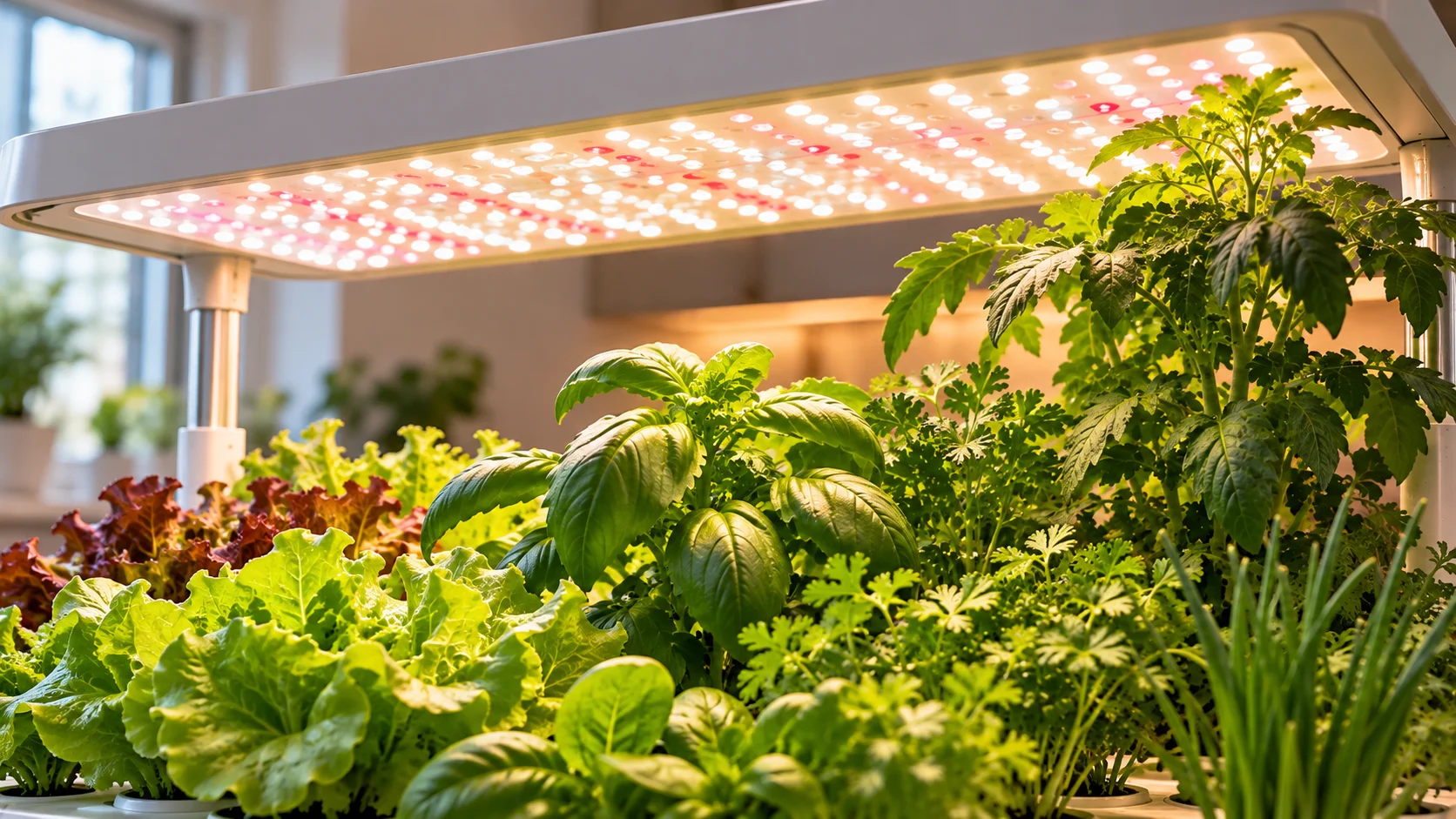 Indoor hydroponic grow light illuminating an even herb and lettuce canopy below
