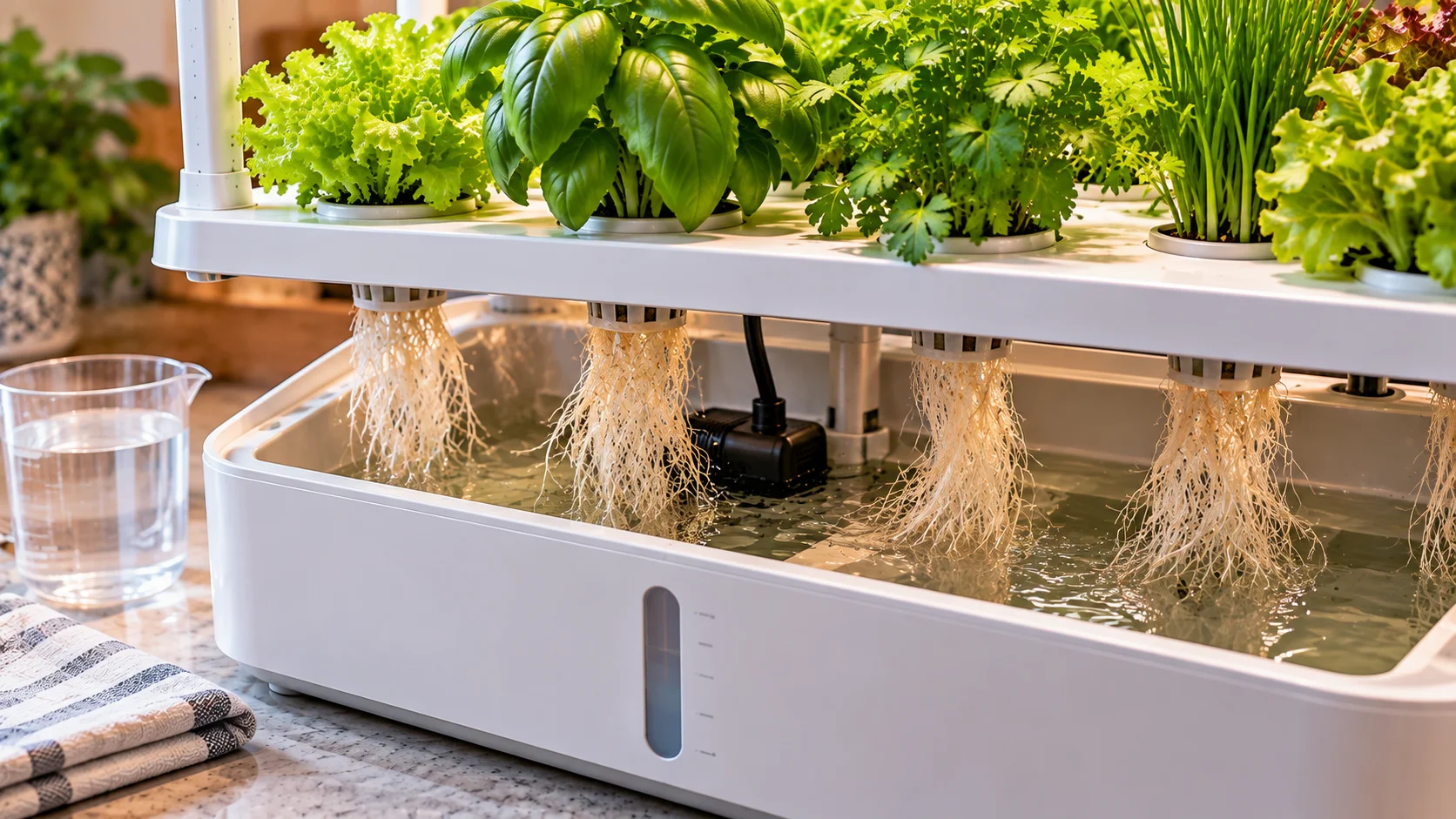 Open hydroponic reservoir showing clean roots, water level, and pump area during routine maintenance