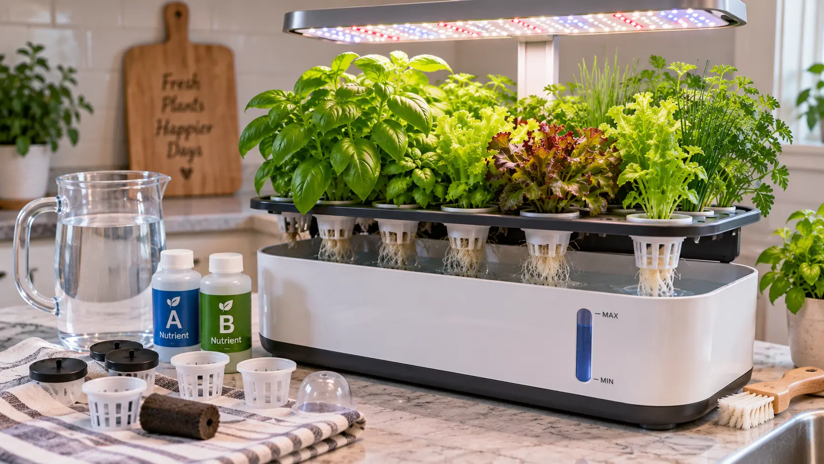 Checking the water reservoir and roots during routine countertop hydroponic garden maintenance