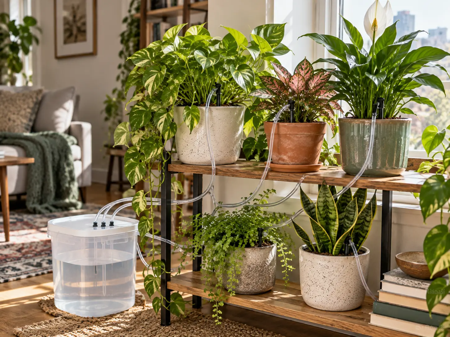 Drip irrigation tubing delivering water to several indoor potted plants