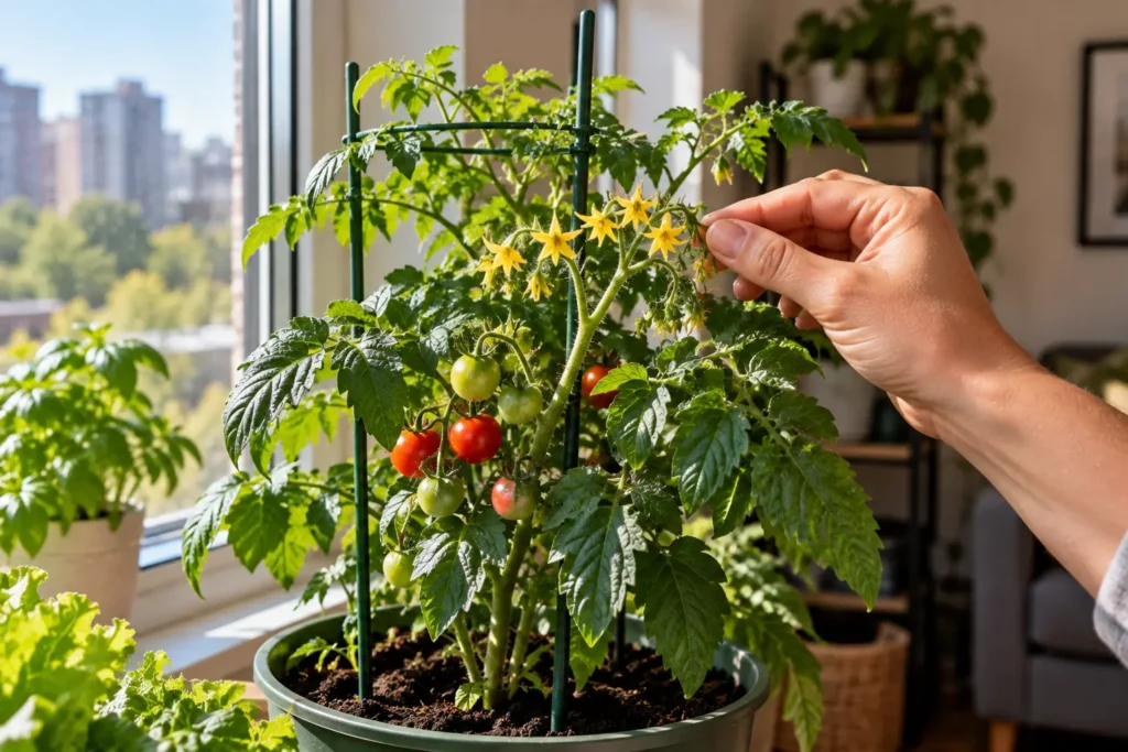 Compact tomato plant flowering indoors beside an apartment window