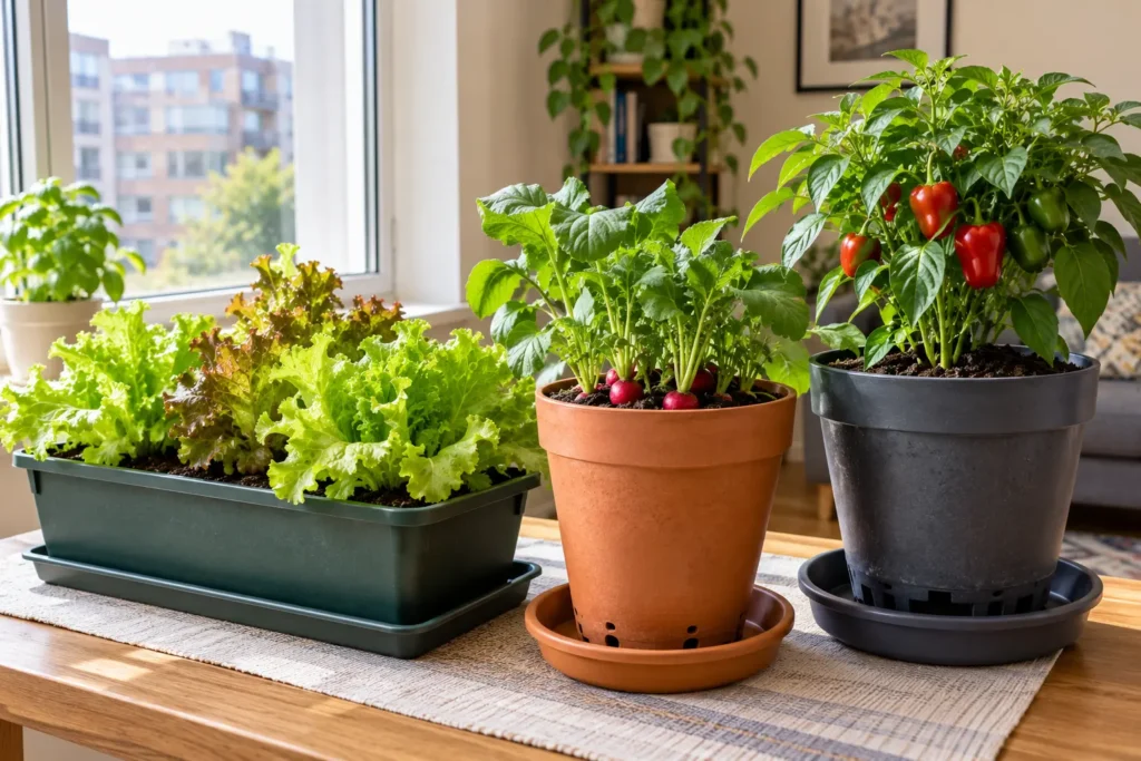 Indoor vegetable containers with drainage trays in an apartment
