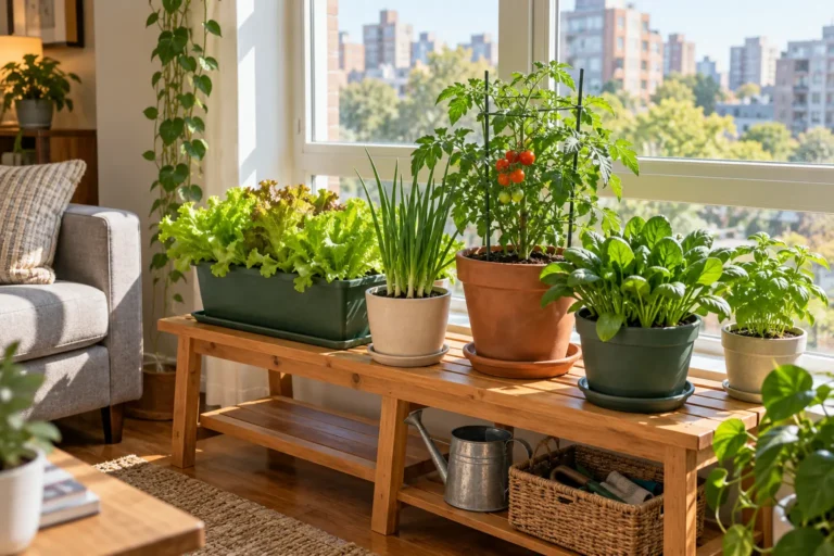 Indoor vegetable garden growing in containers inside a bright apartment