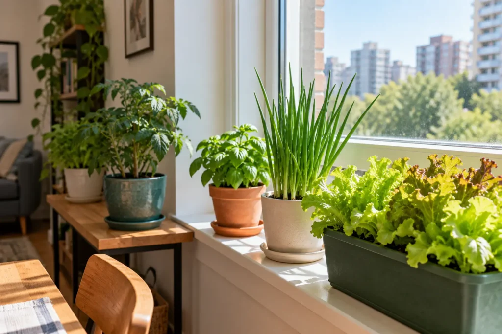 Indoor vegetables growing beside a bright apartment window