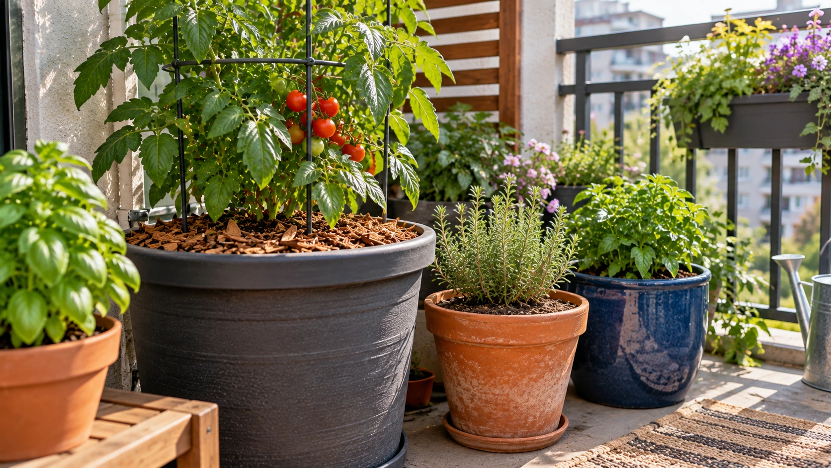 Large mulched container and smaller porous pots in a practical balcony garden