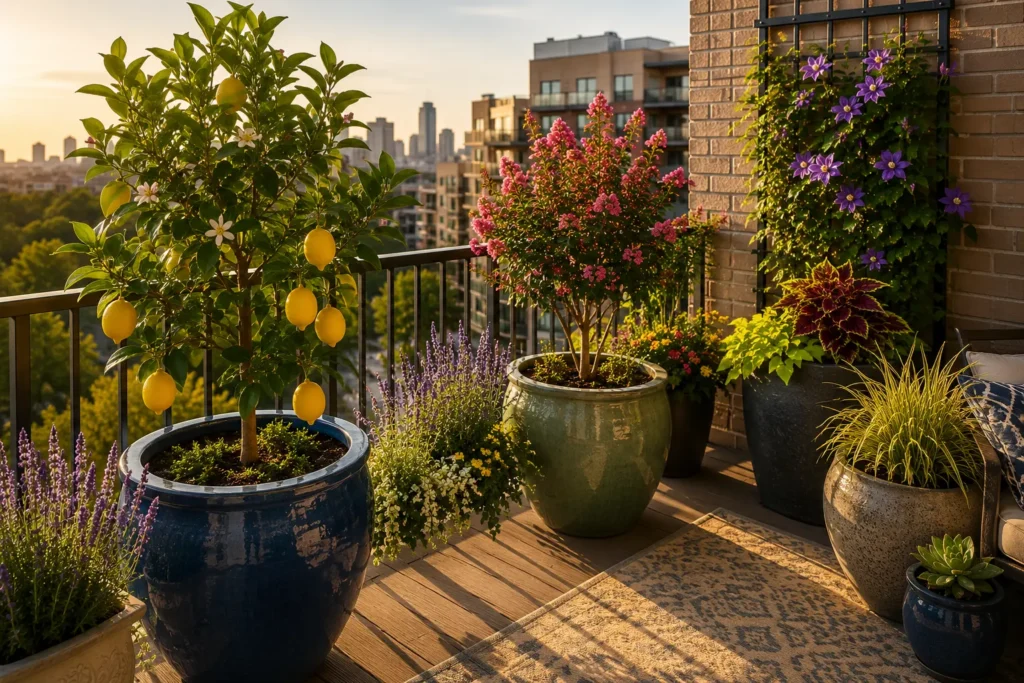 Meyer lemon and dwarf flowering shrub growing in large containers on an apartment balcony