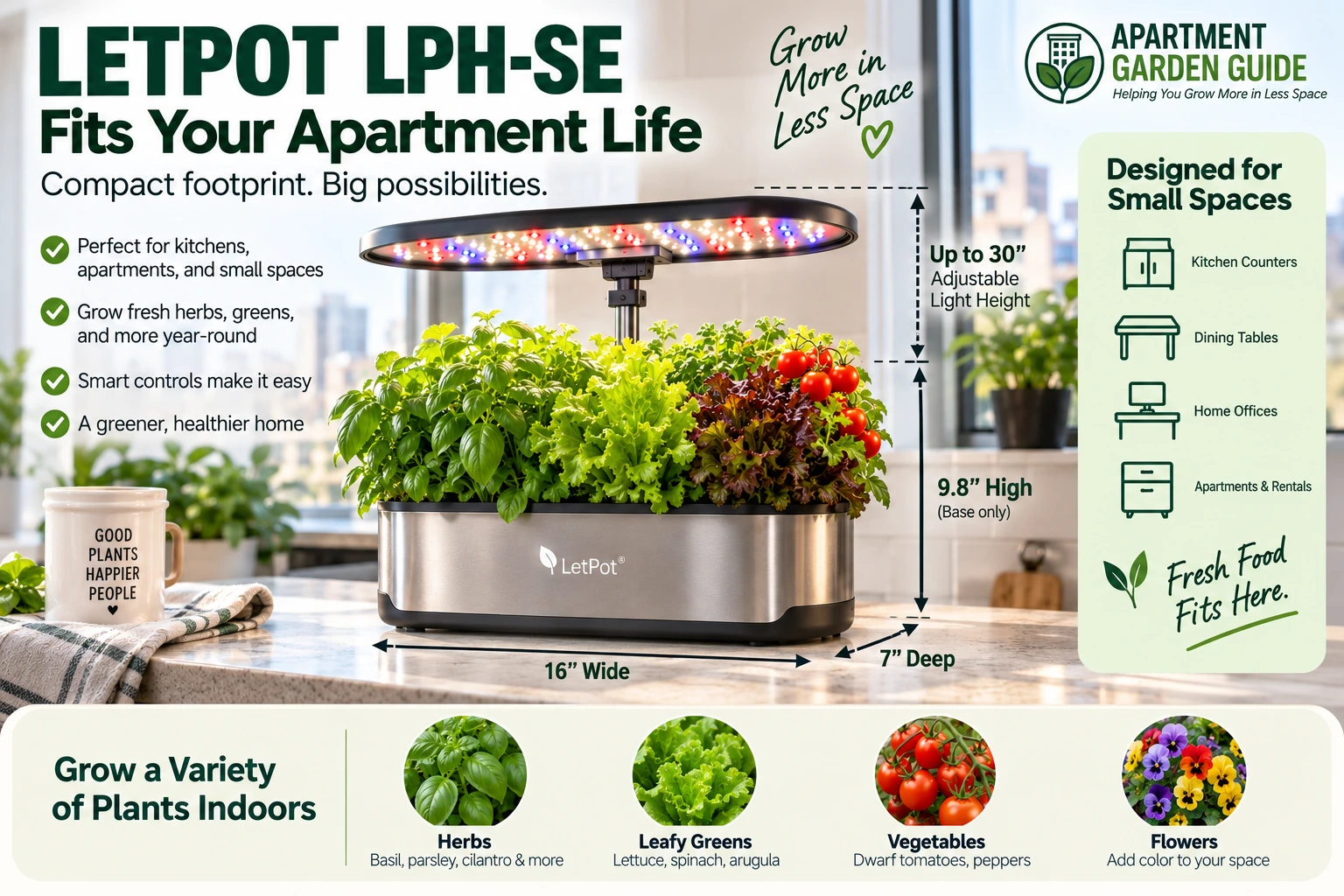 LETPOT LPH-SE countertop hydroponic garden showing space considerations for apartment gardeners