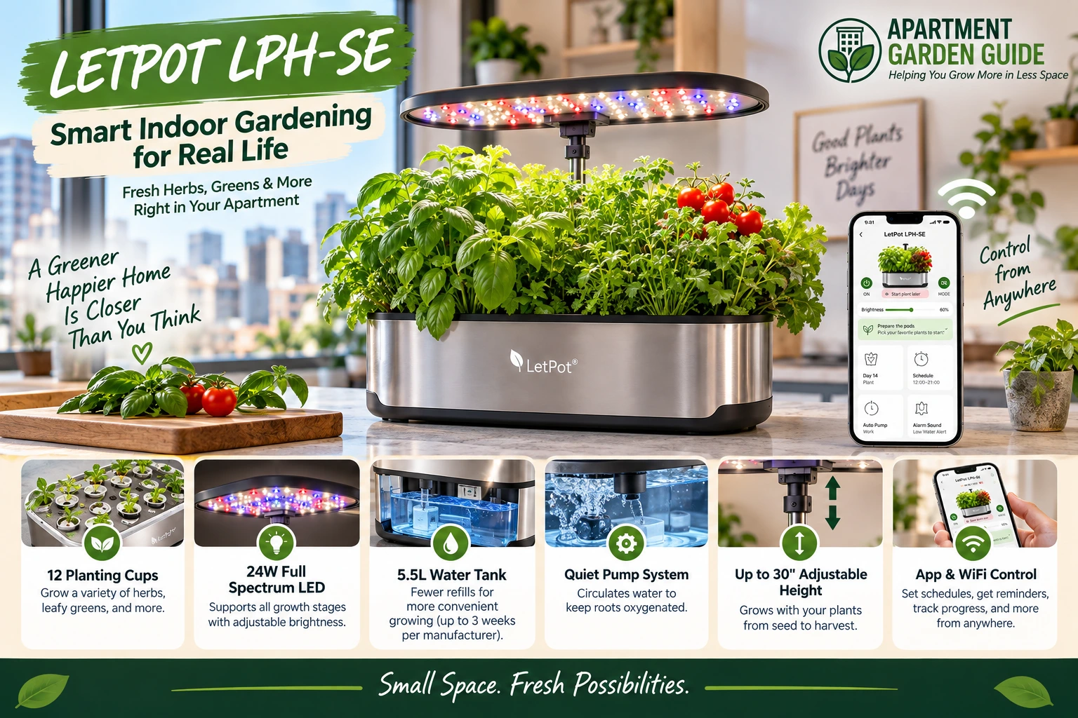 LETPOT LPH-SE hydroponic garden app controls for lighting schedules and low-water reminders