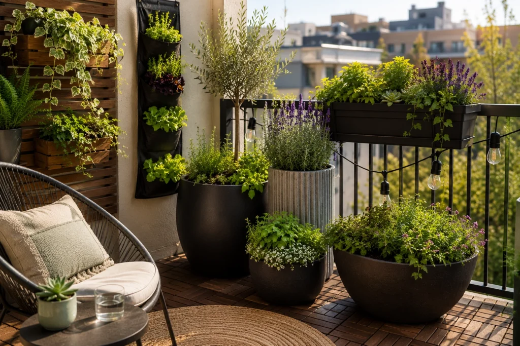 Low-maintenance apartment balcony garden with grouped large containers and drought-tolerant plants