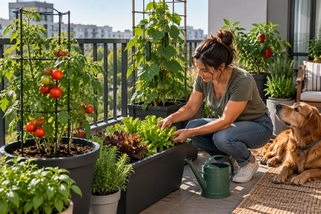 Manageable apartment vegetable garden with a small number of well-spaced containers