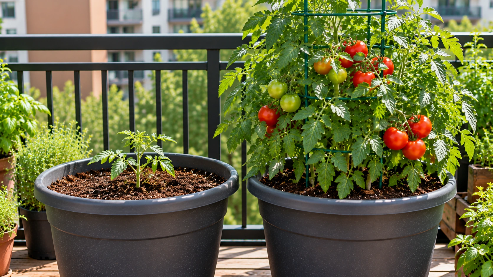 Mature tomato plant beside a young tomato seedling showing why container vegetables need room to grow