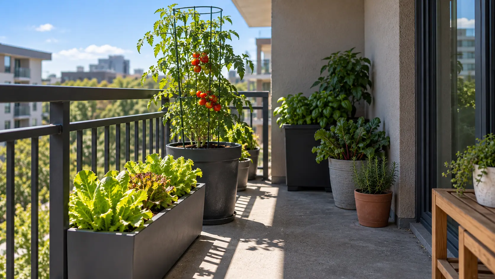 Apartment balcony containers showing direct sunlight and shade at plant level