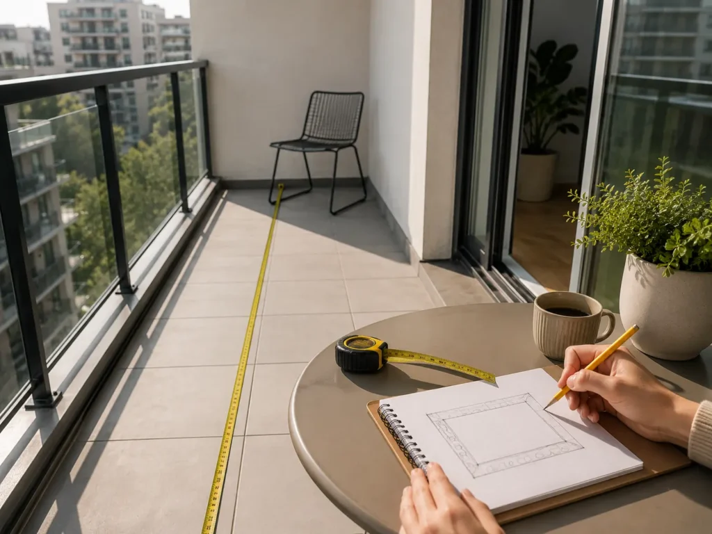 Measuring a small apartment balcony while planning the garden layout on paper