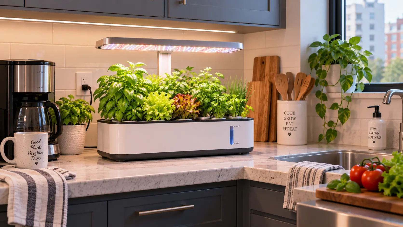 Compact hydroponic garden sharing countertop space with everyday appliances in a small apartment kitchen