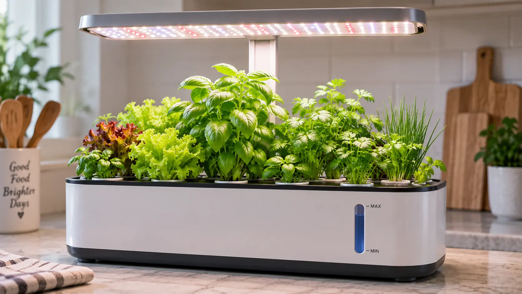 Adjustable LED grow light positioned above herbs and leafy greens in a compact hydroponic garden