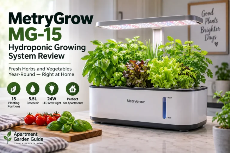 MetryGrow MG-15 Hydroponic Growing System review showing a countertop indoor garden with herbs and leafy greens
