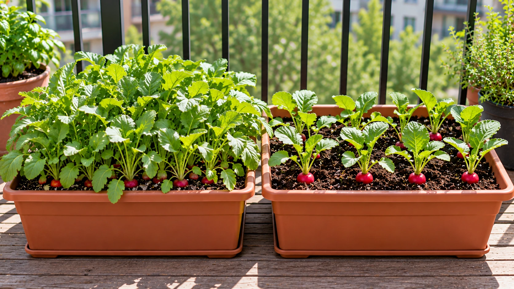 Overcrowded and properly spaced vegetable containers showing the difference in growing room