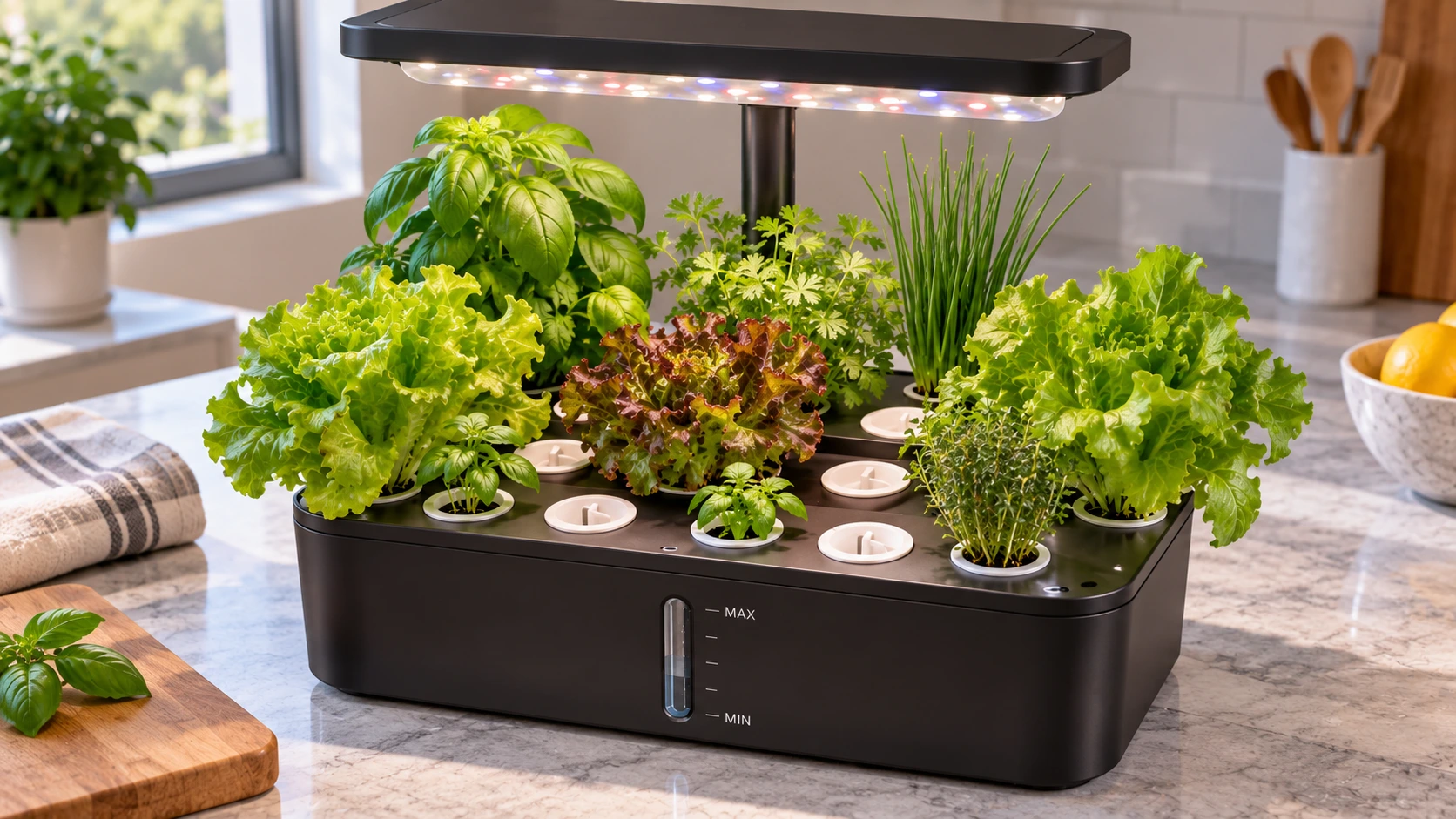 Countertop hydroponic garden showing mature plants using more space than individual pod openings 