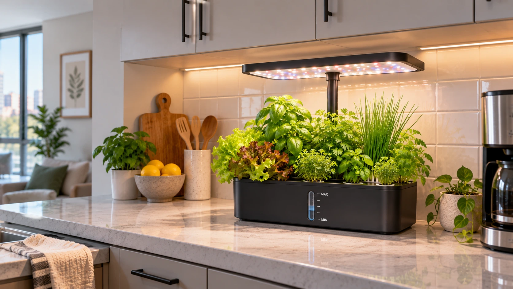Compact indoor hydroponic garden beneath cabinets on an apartment kitchen counter