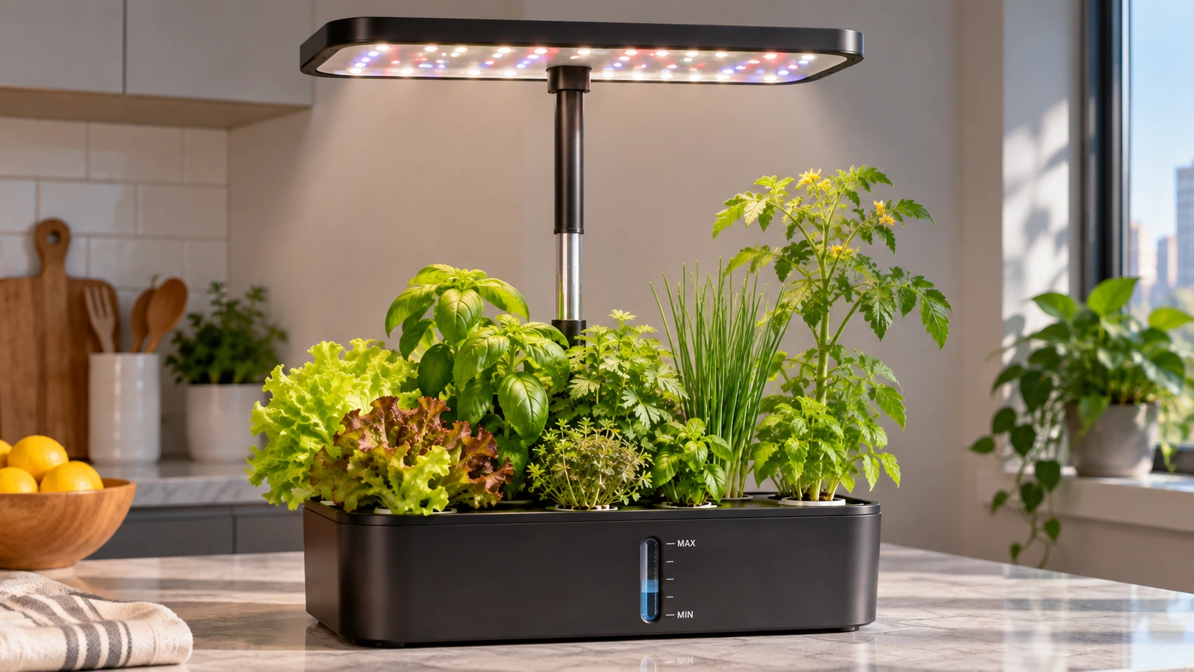 Adjustable indoor garden light raised above plants of different heights