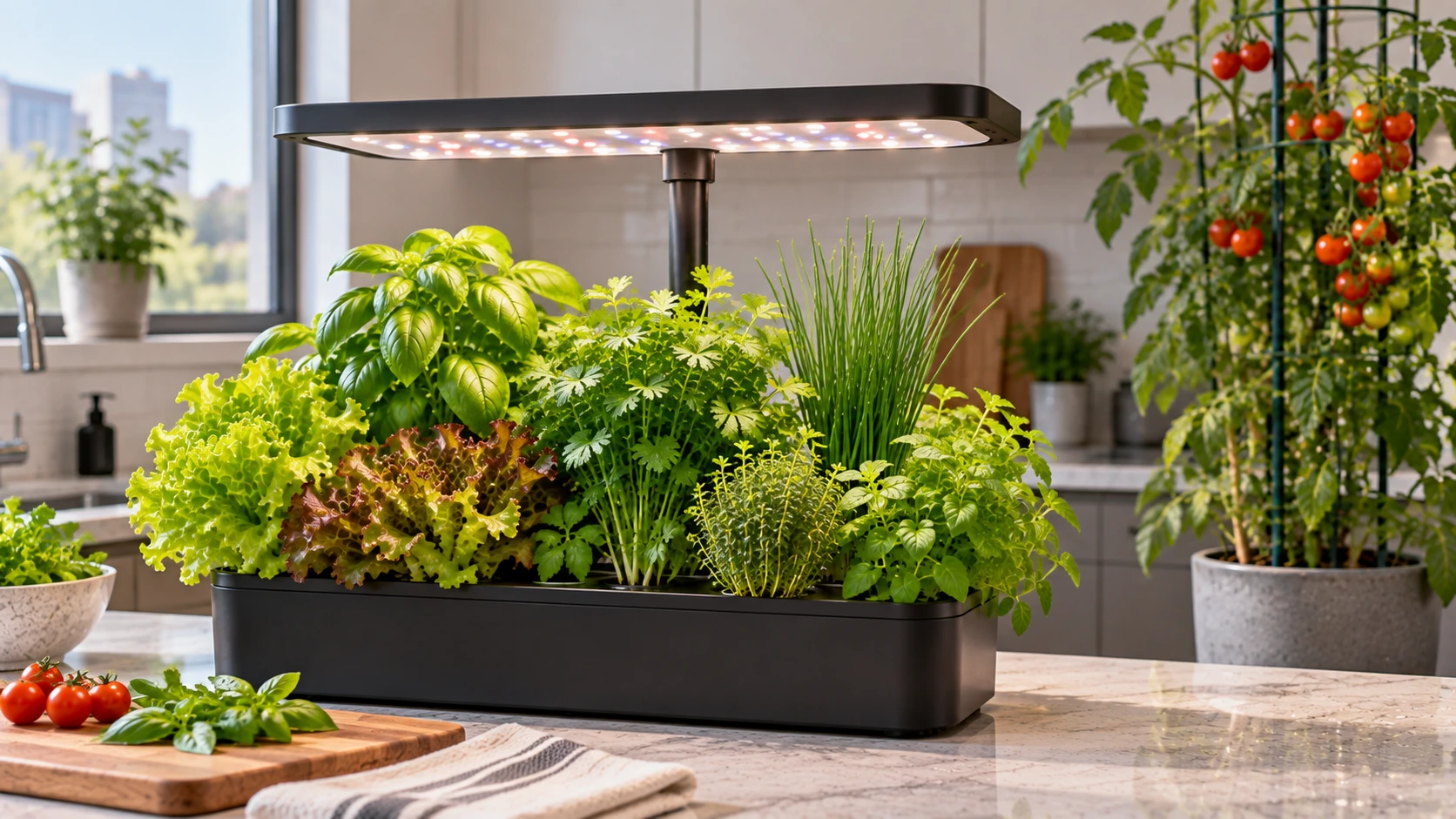 Compact lettuce and herbs suited to a countertop hydroponic garden