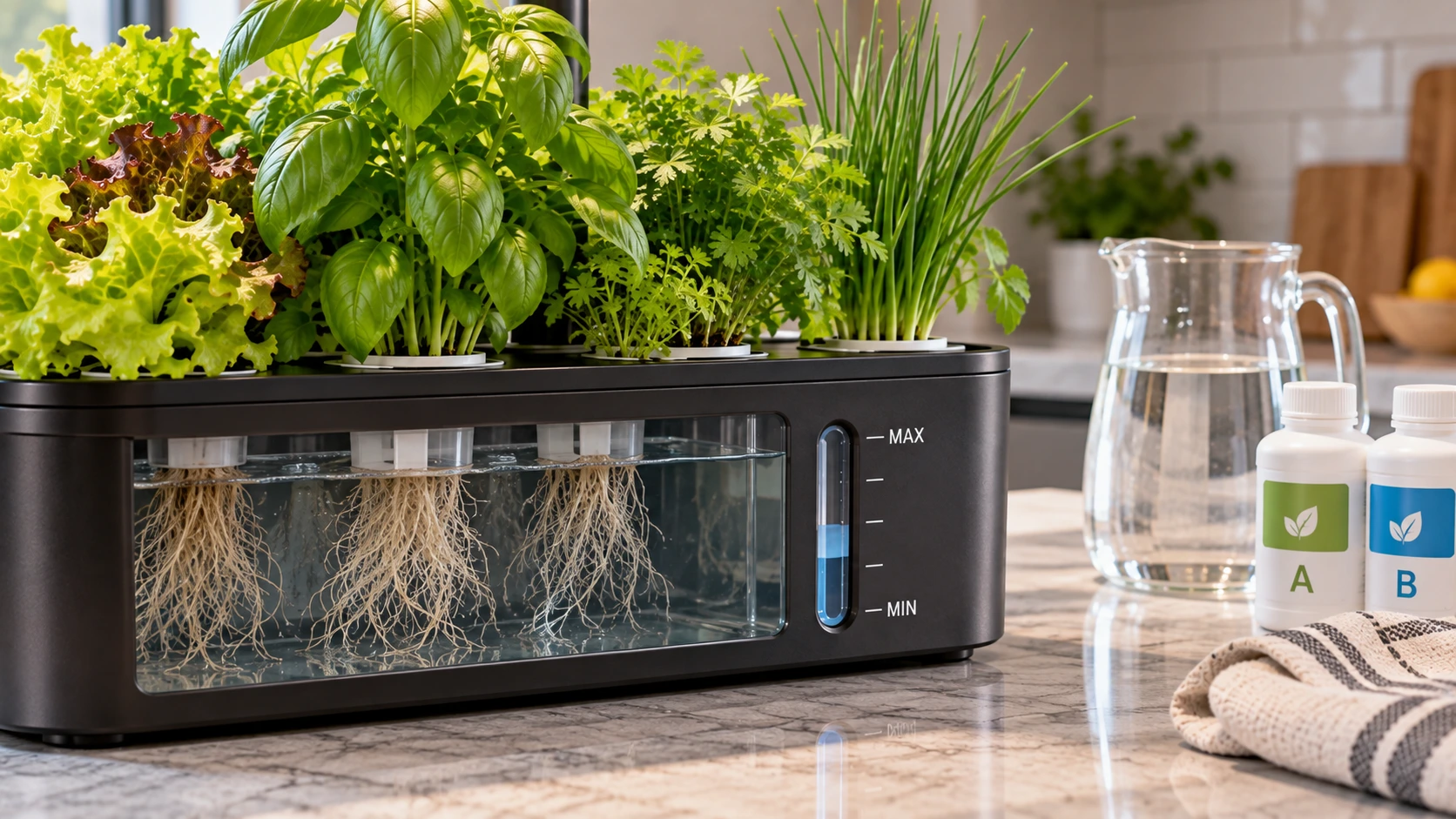 Checking the water level of a small countertop hydroponic garden reservoir