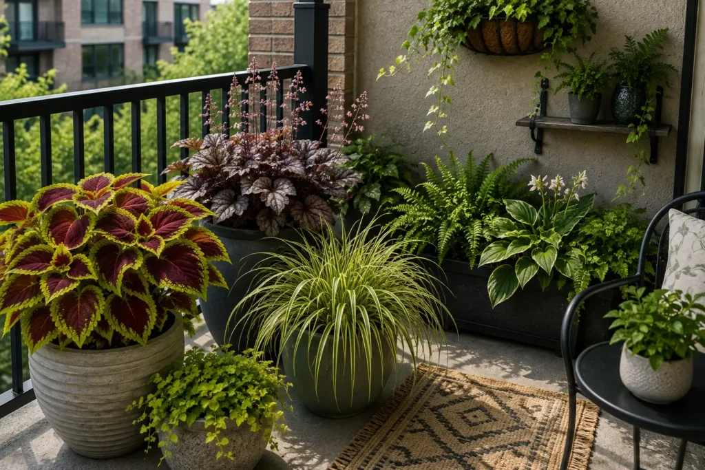 Coleus, coral bells, and Japanese forest grass in containers on a partly shaded apartment balcony