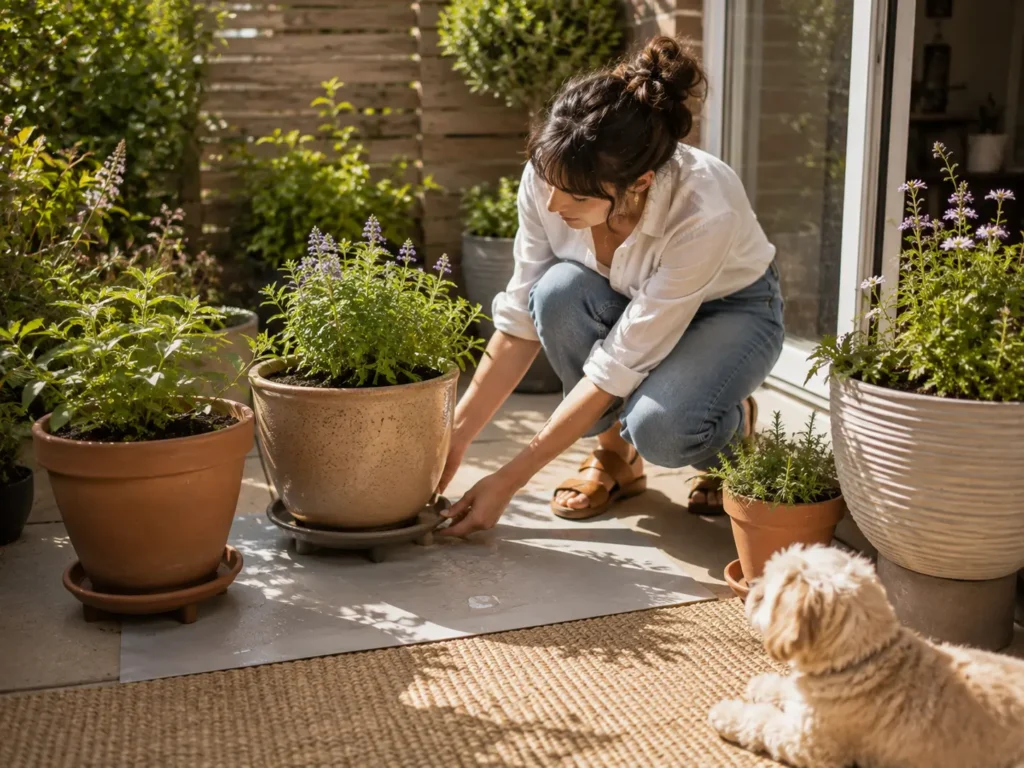 Woman placing patio containers on pot feet and saucers to support drainage and protect the patio surface