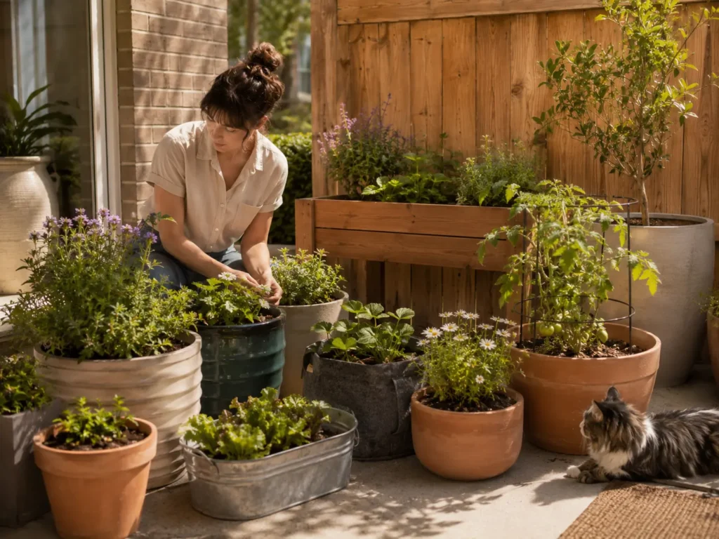 Different patio container sizes and materials including terracotta, glazed ceramic, fabric, and metal planters