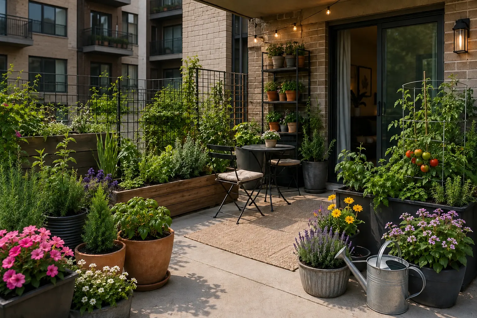Patio gardening for apartments with container plants, herbs, flowers, seating, and a small outdoor garden