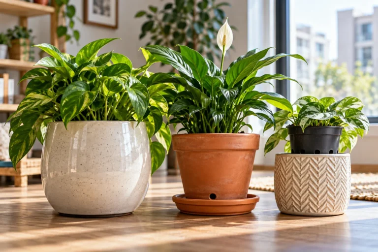 Plant pots without drainage holes displayed with draining pots and houseplants in a bright apartment.